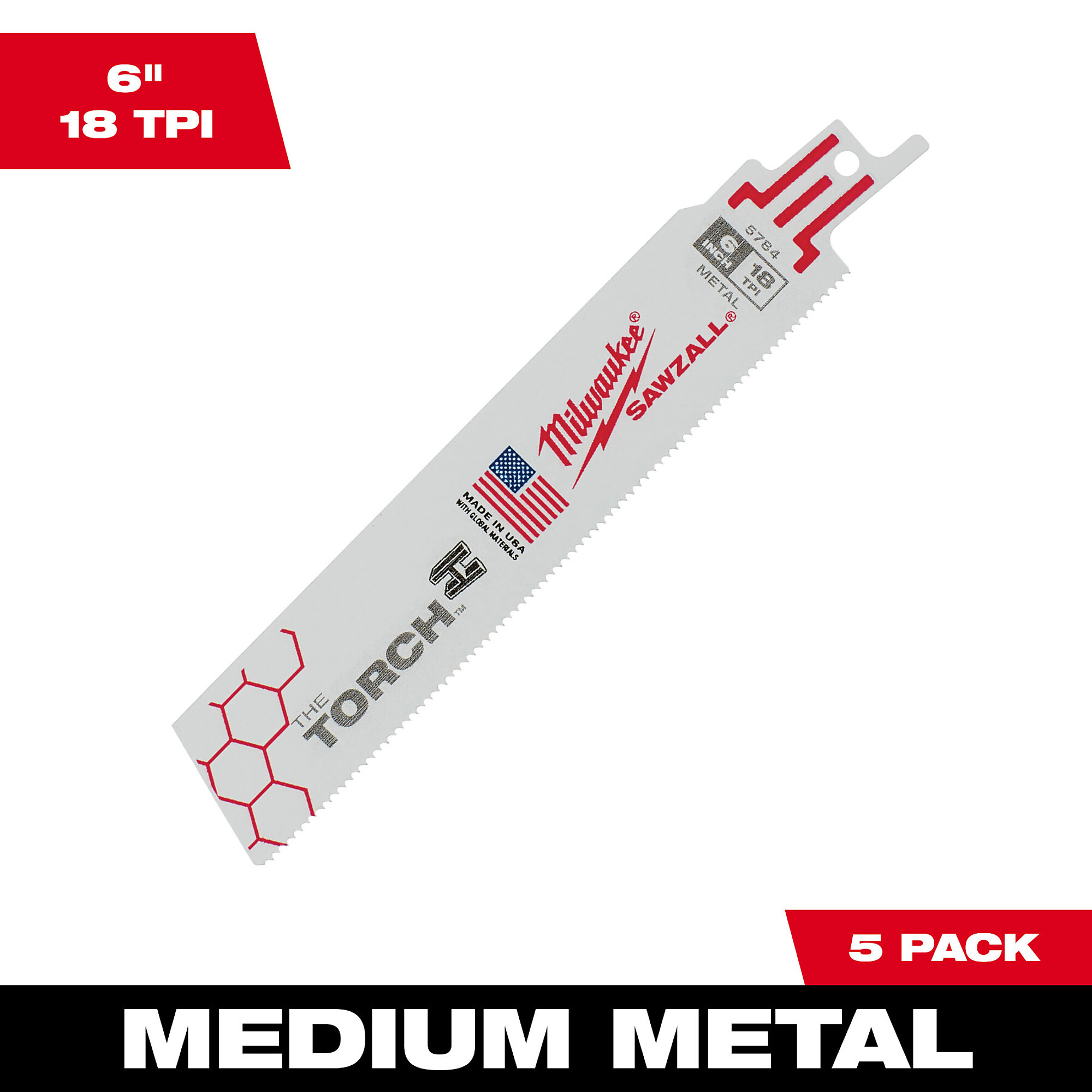 Milwaukee SAWZALL The Torch Metal-Cutting Blade, 5-Pack, 6in.L, 18 TPI, Model# 48-00-5784